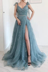 Bow Tie Strap Dusty Blue A-Line Lace Split Prom Dress